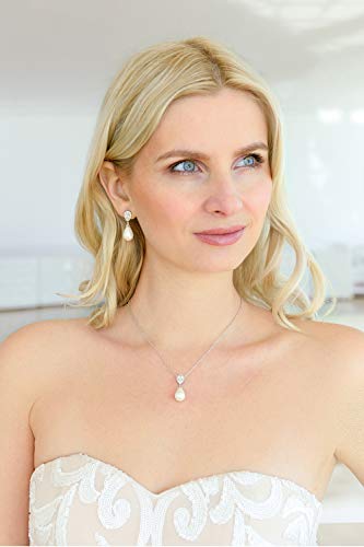 Mariell Pearl Drop Bridal Necklace and Earrings Set with CZ Crystals for Brides, Wedding, Birthday Gift2