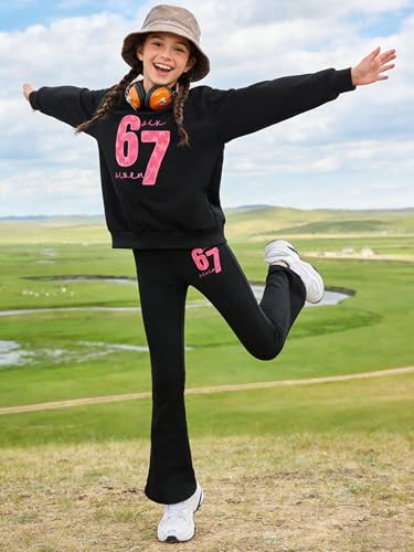 Image of OLMRJKD Girls 2 Piece Outfits Long Sleeve Letter Printed Sweatshirt & Flared Pants Fall Clothing Set Size 7-14 Years