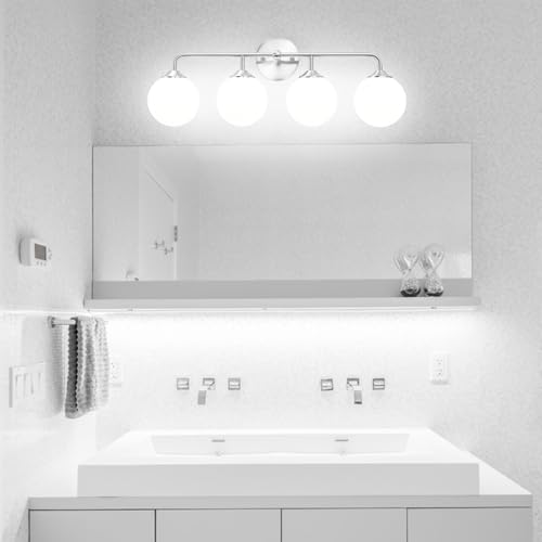Image of Modern 4-Lights Brushed Nickel Vanity Lights Over Mirror, Bathroom Lighting Fixtures with Milk White Globe Glass Shade, Industrial Bathroom Wall Sconce for Dressing Table Bedroom Living Room
