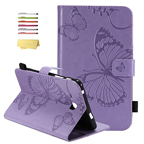 UUcovers for Samsung Galaxy Tab A 7.0 2016 Case (SM-T280/T285) with Pencil Holder [Auto Wake/Sleep] Folio Stand Smart Magnetic Wallet Embossed Butterfly Synthetic Leather TPU Shockproof Cover, Purple