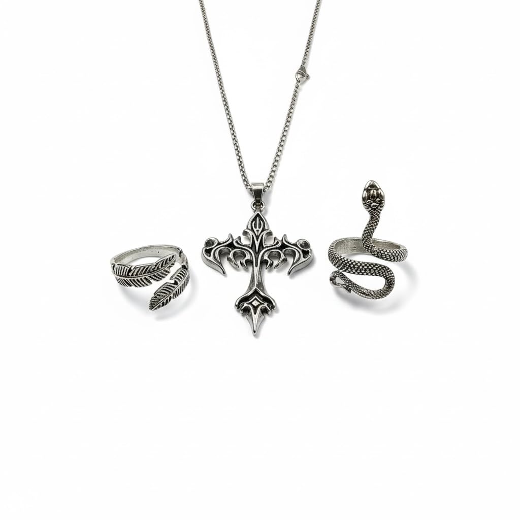 Gothic Cross Pendant Necklace with Snake and Feather Rings, Silver Tone Metal Jewelry Set, 3 Piece