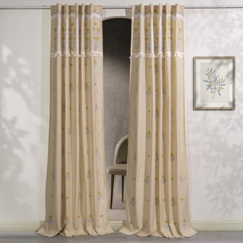 Image of Tranquebar Curtain Co. Window Curtains 6 Feet, 60-65% Room Darkening, Peach Floral Print, Cotton Curtains for Window, Cotton Curtains 6 Feet Long Set of 2, BackTab Loops, Taj (183 cm) - Set of 2