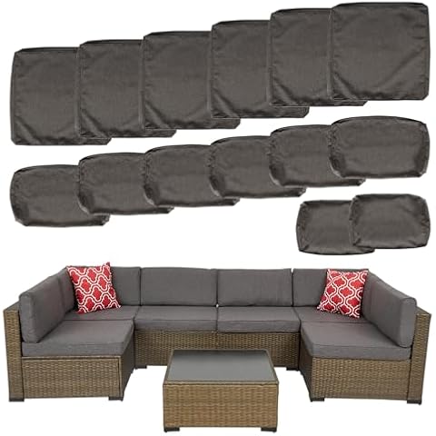 JSUN7 Patio Cushion Covers Replacement - 14 Piece Outdoor Cushions Covers for Patio Furniture 6-Seater Wicker Conversation Set, Washable Outdoor Cushion Slipcovers with Zipper, Dark Grey Cover