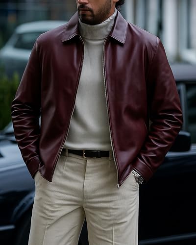 Image of Classic Polo Collar Leather Jacket Men-Work Jackets Turndown Collar Business Casual