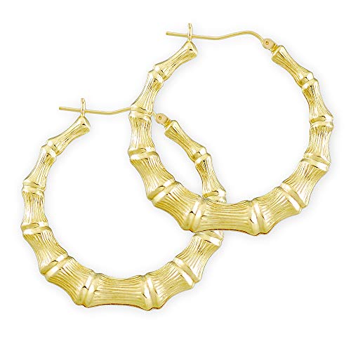 10k Yellow Gold Round Bamboo Hoop Earrings 1.6 Inches Diameter.