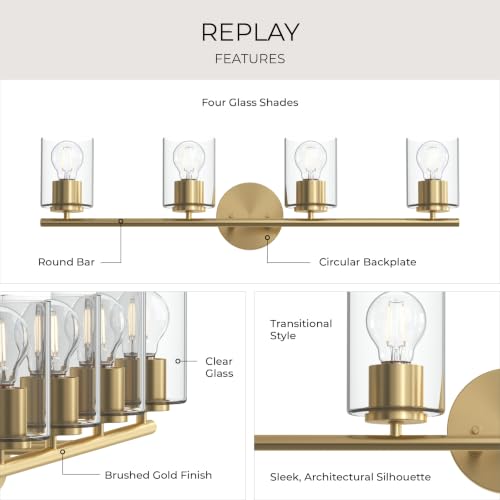 Image of Progress Lighting Replay 31.125 Inch 4-Light Vanity Light, Transitional, Brushed Gold with Clear Glass Shades, (7.875 inch H x 31.125 inch W x 6 inch D), P300584-191