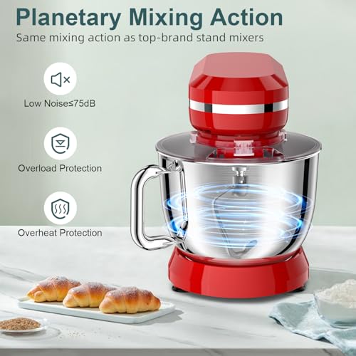 Image of Household Stand Mixer with 6.5 Quart Bowl, Electric Food Mixer 10+p Speeds 660W, Tilt-Head Bread Dough and Cake Mixers with Dough Hook, Whisk, Beater, Splash Guard and Egg Separator (Red)