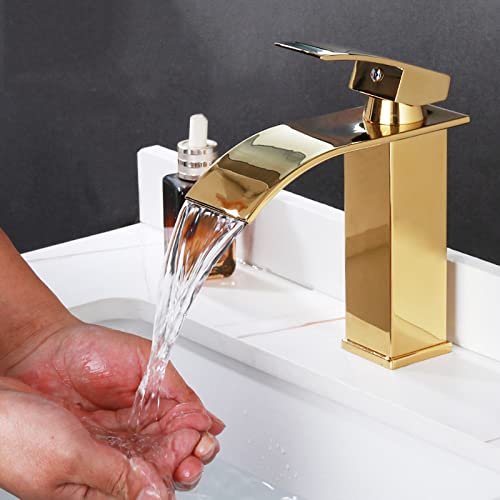 Robinet de salle de bain cascade or anti-éclaboussures à poignée unique en inox