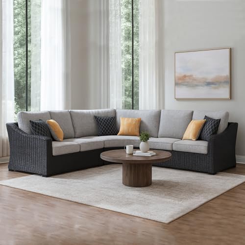 Image of Signature Design by Ashley Beachcroft 3-Piece Outdoor Sectional, L-Shape Wicker Patio Couch, Rust-Free Aluminum Frame and Nuvella Fabric, for Alfresco Living, Black /Light Gray