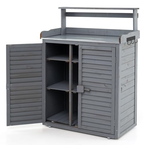 COSTWAY Pflanztisch Outdoor wetterfest Gärtnertisch Holz Blumentisch mit Unterschrank & verzinkter Arbeitsplatte & abnehmbaren Regalen Gärtnertisch für Garten Terrasse Hof 87x45x120cm Grau