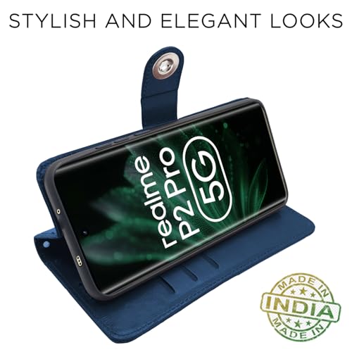 Image of Pikkme Flip Cover Leather Finish | Inside TPU with Card Pockets | Wallet Stand and Shock Proof | Complete Protection Button Flip Case for Realme P2 Pro 5G (Blue)