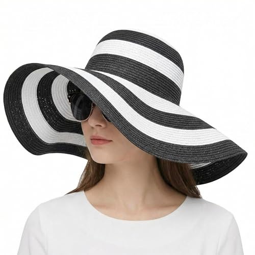 1PCS Womens Lady Grils White+Black Striped Foldable Beachwear Wide Big Brim Elegant Sun Hat Summer Beach Straw Cap UPF 50+
