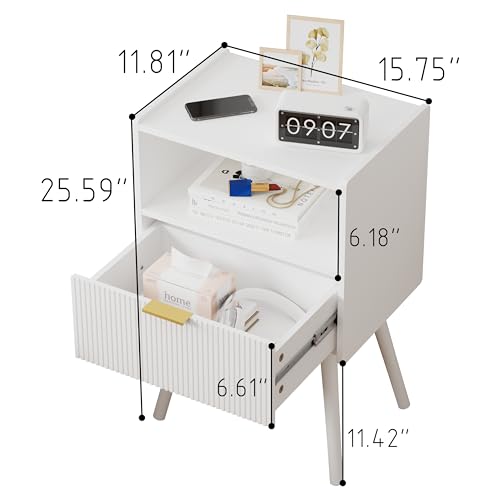Image of White Nightstand,Modern Bedside Table with Storage Drawer and Open Wood Shelf, for Living Room, Bedroom and Small Spaces, Accent Night Stand with Solid Wood Legs, Easy Assembly,Classic White