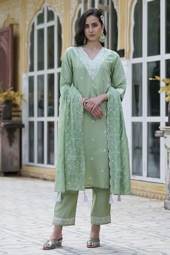 Image of VredeVogel Women's Silk Blend Kurta Pant Set with Chanderi Embroidery Work Dupatta