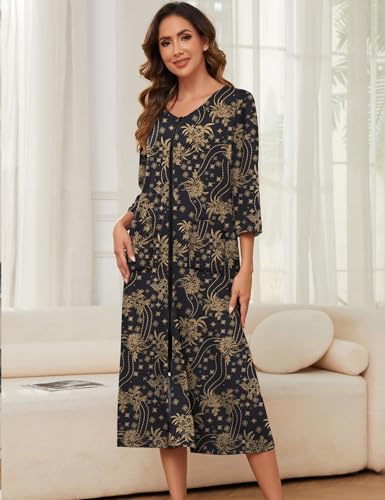 Image of Bloggerlove Zipper Front Robes for Women House Coat Half Sleeve Loungewear Long Nightgown with Pockets S-3XL
