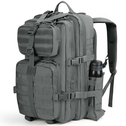 Image of REEBOW GEAR Military Tactical Backpack for Men 3 Day Survival Bag Grey | 40-45L Large Bag, Bottle Holder On the Side, MOLLE, for Outdoor Sports Hunting Hiking, Daypack Bug Out Rucksack Work Bag