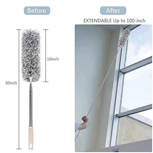 Image of Microfiber Duster with Extension Pole(Stainless Steel) 30 to 100'', with Bendable Head, Extendable Long Duster for Cleaning Ceiling Fan, High Ceiling, Keyboard, Furniture Cars Gray