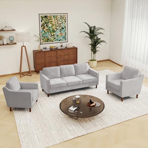 Image of Kingfun Couch Sets for Living Room, 3 Seater Couch and Armchair Set of 2, Mid Century Modern Sofa Chair, Chenille Couch with Solid Wood Frame for Bedroom