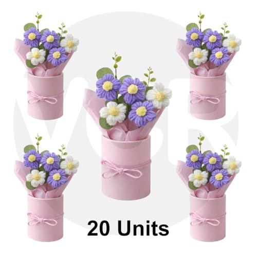 Image of VCR Handmade Blue Crochet Bouquet- Pack of 20 - Hand Woven Knitted Artificial Hand Knitted Bouquet Flower for Office Desk, Table, Car, Bedroom, Wedding & Special Occasions