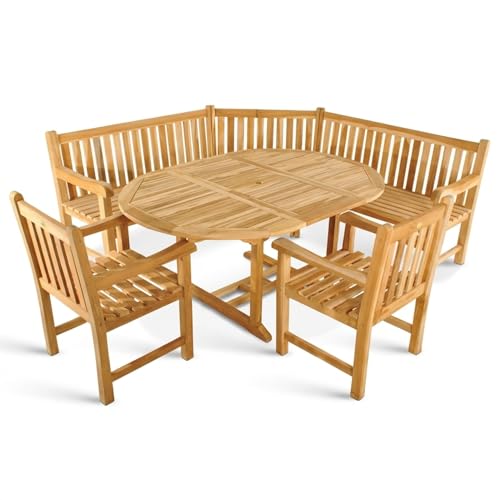 SAM 4tlg. Gartengruppe Borneo, Teakholz massiv, Garten-Set bestehend aus 1x Gartentisch 120-170 x 100 cm, 2X Gartensessel Caracas, 1x Eckbank, für Terrasse, Wintergarten & Garten