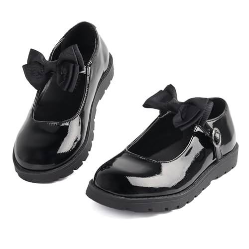 Wulubaba Toddler Girls Dress Shoes Mary Jane Flats with Bow School Uniform Shoes for Toddler/Little Girls Black 7