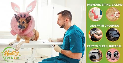 Image of Cute Soft Dog /Cat Cone Collar for Surgery Recovery; Comfy Soft E-Collar Cone for (Medium) Dogs and Cats After Surgery; 100% Cotton Dog /Cat Cone Stops Licking; Bunny Face Calming Collar for Dogs /Cats