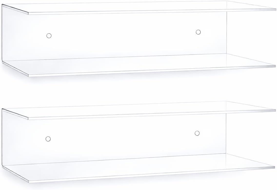 Clear Acrylic Floating Shelves - 2 Tier Wall Mounted Bathroom Organizer Set of 2 (18") - Space Saving Display Shelf for Makeup, Skincare, Kitchen Spices, & Home Decor