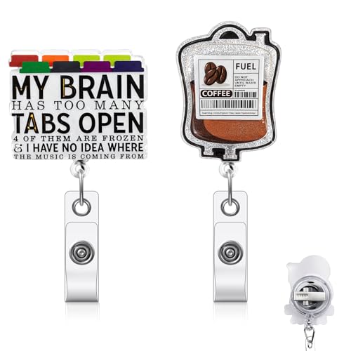 Vicenpal 3 Pcs Badge Reel Badge Reel Coffee Fuel Too Many Tabs Cute Retractable Clip Holder with Clip Durable Nylon Cord Gift for Nurse Doctor Office Worker ID Card Decor