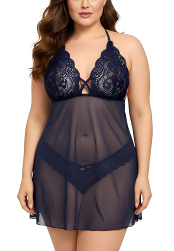 Image of Xs and Os Women's Polyester Spandex Mix & Lace Solid Midi Babydoll Lingerie with Panty