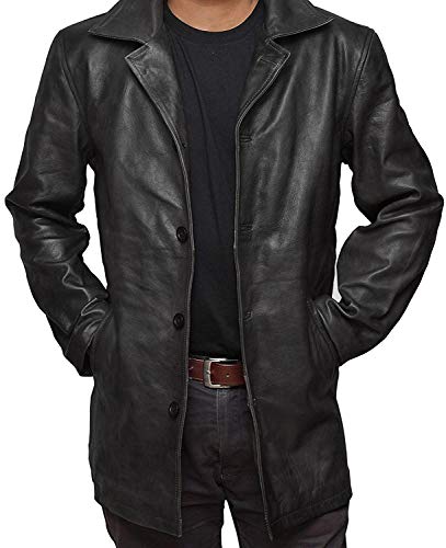 Image of Men's Black Military Type Lambskin Leather Trench Coat - Classic Button Closure Long Coat Style