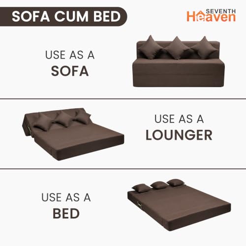 Image of Seventh Heaven Rejioce 4 Seater 6 * 6 Jute Fabric Washable Cover Sofa Cum Bed with 3 Cushions 4 Seater Double Foam Fold Out Sofa Cum Bed (Finish Color - Brown Delivery Condition - Pre-Assembled)