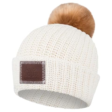 Love Your Melon Beanie for Women & Men - 100% Soft Cotton Pom Beanies Knitted Winter Hats - Thick & Stylish Knit Hat Skully Caps Head & Ears Warmer (White Speckled) Cover