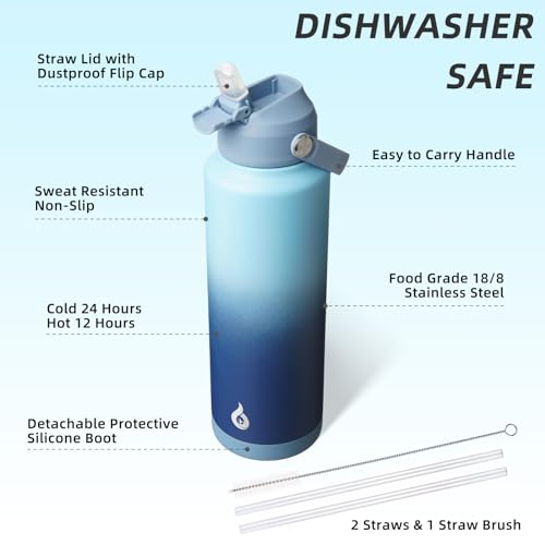 Image of BJPKPK Insulated Water Bottle with Straw Lid, 40oz Large Thermo, BPA Free Leak Proof Stainless Steel Metal Water Bottles, Tumblers, Cups, Flasks for Travel, Sports,Sky