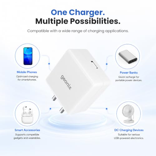 Image of Geonix Atomic A45 45W Fast Charger with 1Meter Type-C Cable | USB-A QC 3.0 Output | Multi-Protocol Fast Charging | FR Fire-Resistant Material | Travel-Friendly Mobile Charger Adapter(White)