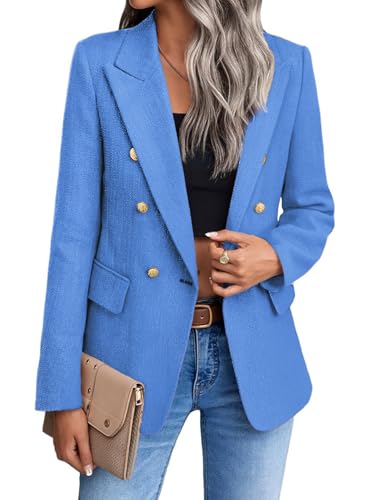 Blue Blazers Jacket for Women 2025 Fall Winter Casual Blazer Fashion Womens Long Lightweight Work Business Lady Double-Breasted Boyfriend Petite Suit Suits M