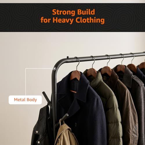 Image of Amazon Basics Metal Clothes Rack Stand with Bottom Storage Shoe Shelf & Side Hooks Hanger for Bedroom & Hallway, Portable Wardrobe Organizer 112L x 40B x 148H cm (SINGLE ROD, BLACK)