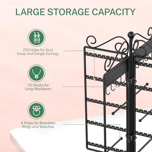 Image of MODOWEY Rotating Jewelry Holder Organizer Stand, 250 Hole and Groove Stud Dangle Earring Display Metal Rack, 10 Hook Necklace Tree for Bracelet Ring Storage, Compact Multi-Use Tower for Women, Black