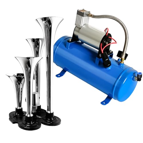 Heavy Duty Train Horn Kit for Trucks, 1.6 Gallon/6L Tank 120 PSI Onboard Air System, 4 Trumpet Super Loud 150dB Air Horn for Any 12V Car Jeep SUV Pickup Van Boat, Complete All-in-One Kit
