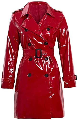 Women's Wet Look Fashion Red Long Double Breasted Shiny Glitter