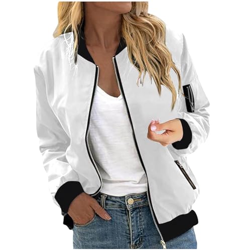 Women's Bomber Jacket Zip Up Lightweight Varsity Coat Casual Long Sleeve Windbreak Outerwear Fall Fashion Clothes