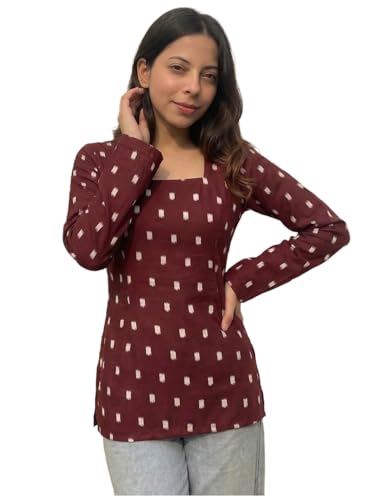 Image of ANNI Designer Women's Viscose Blend Printed Short Kurti | Straight Fit Ethnic Top with Square Neck | Bell Sleeve Indian Kurta for Office College, Party