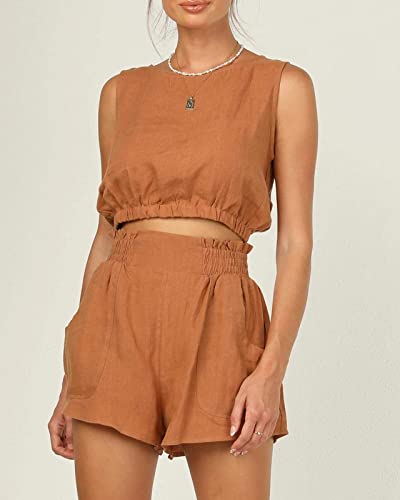 Eurivicy Women's 2pcs Summer Outfits Sleeveless Crop Tank Top and High Waist Pocketed Shorts Loose 2 Piece Short Sets2