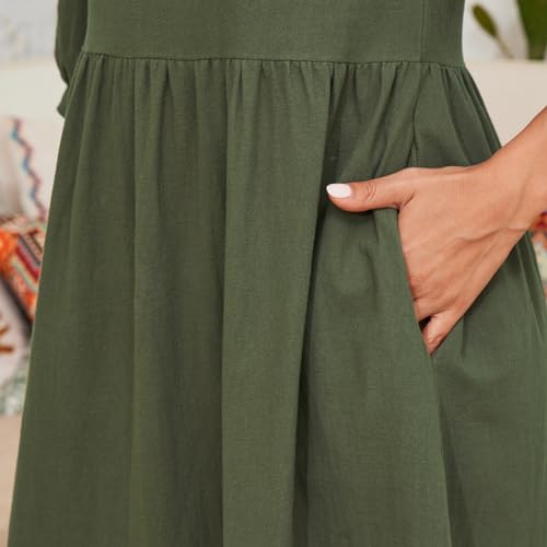 Womens Linen Cotton Dresses Solid 3/4 Sleeves Maxi Casual Dress with Pocket4
