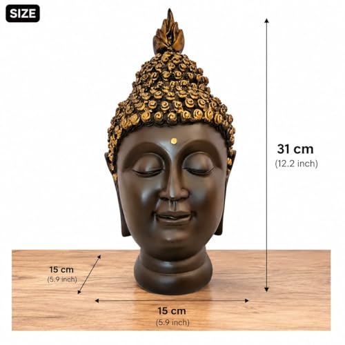 Image of Premium Resin Buddha Head Statue for Home Decor - 31 cm Antique Finish Meditating Buddha Face Showpiece for Living Room, Office, Meditation Room, Spiritual Decor & Gift Item (Brown & Gold)