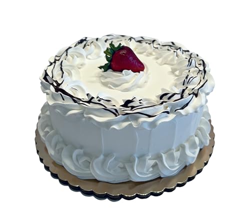 Realistic Vanilla Frosted Cake with Chocolate Drizzle & Strawberry Replica