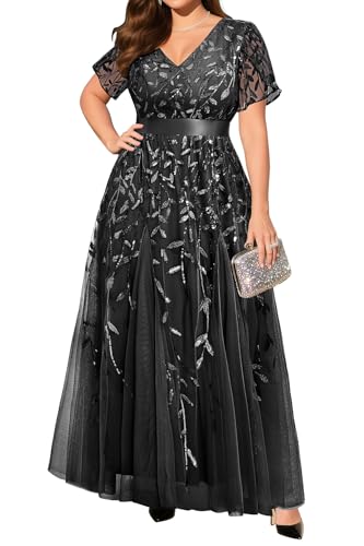 Image of Pinup Fashion Plus Size Formal Dresses - Evening Gowns Wedding Sequin Embroidery V-Neck Prom Long Dress