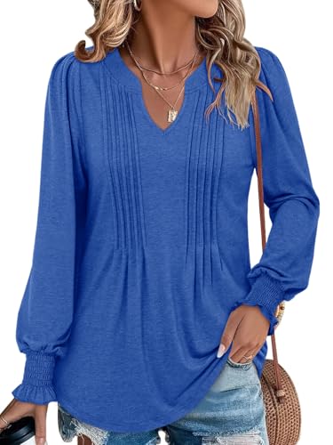 BETTE BOUTIK Long Sleeve Shirts for Women Fall Tops Dressy Blouses Pleated V Neck Tunic Tops for Leggings S-3XL