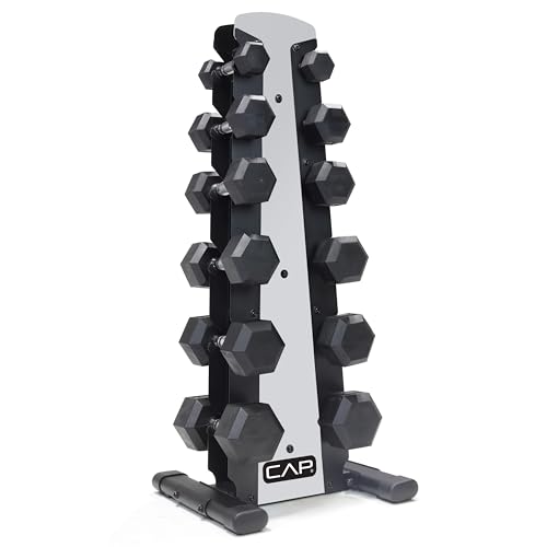 CAP 210 lb Rubber Coated Hex Dumbbell Set with Vertical Rack, Space-Saving Storage for Home Gym...