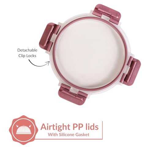 Image of Nestasia Nestro Airtight Glass Containers with Lid Set of 3 (215ml, 400ml, 600ml) | Spill Proof Round Glass Containers with Break Free Lock - Microwave, Dishwasher & Freezer Safe (Mauve)