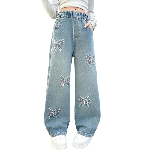Tween Girls Baggy Jeans, Casual Elastic Waistband Wide Leg Jeans with Butterfly Embroidered, Cute Pants for Girls2